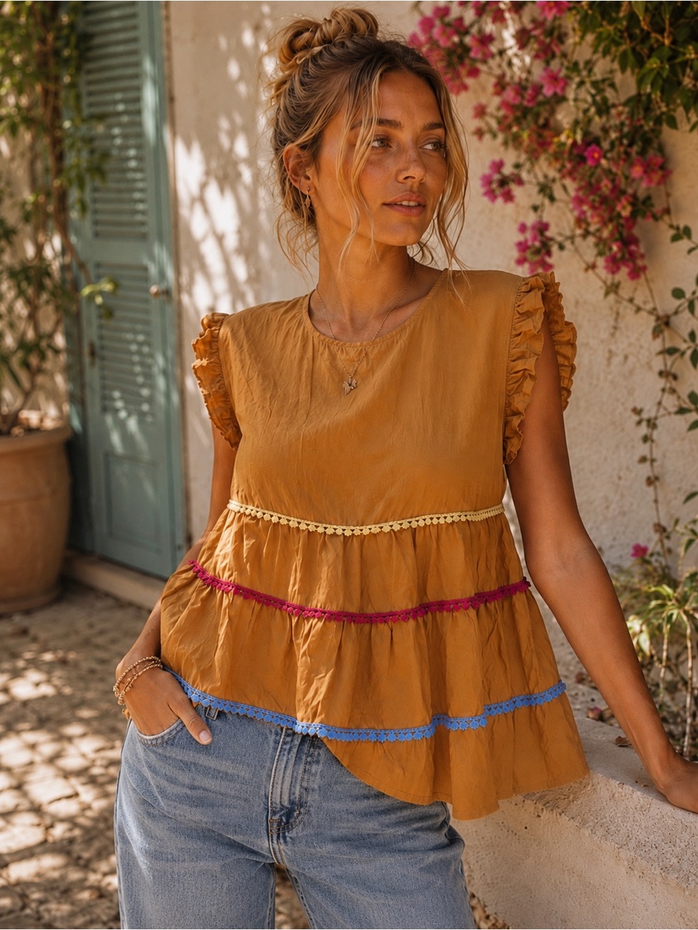 Andree by Unit Mustard Babydoll Blouse Ruffle Sleeve Pom Trim Boho Top Small